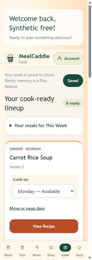 MealCaddie Cook preview showing a synthetic Carrot Rice Soup recipe assigned to Monday, with a View Recipe action.