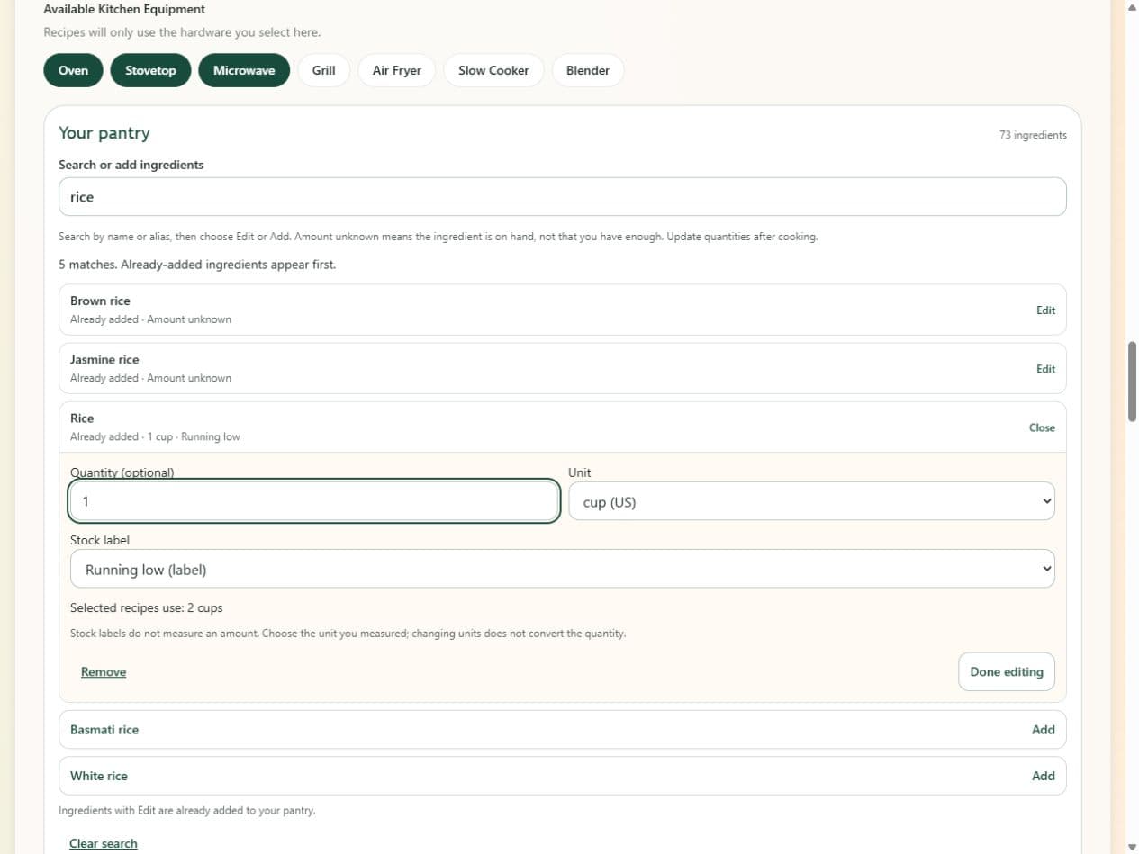 Actual pantry preview with ingredient search, existing rice inventory, optional quantity and unit editing, and an amount-unknown explanation.