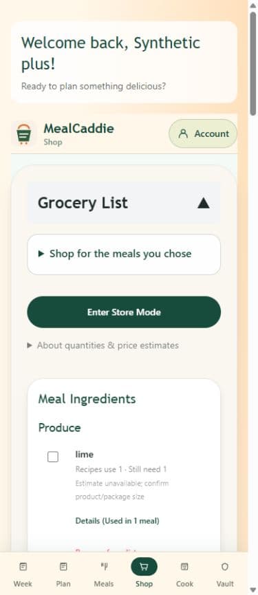 MealCaddie Shop preview showing the grocery list and ingredient needs for selected meals.